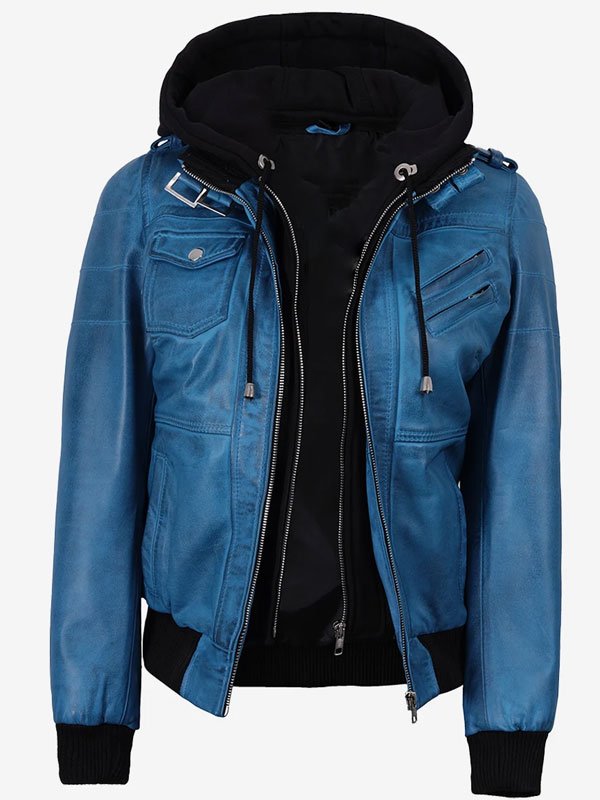 Women's Blue Leather Jacket with Removable Hood