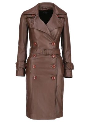 Womens Brown Double Breasted Leather Coat