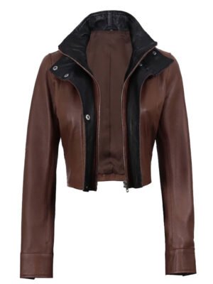 Women's Cropped Leather Jacket with Contrast Collar