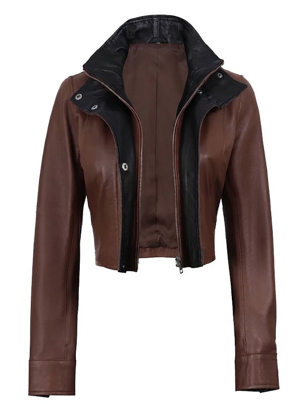 Women's Cropped Leather Jacket with Contrast Collar