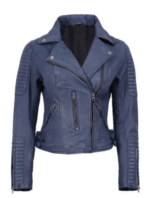 Women's Fitted Blue Leather Biker Jacket