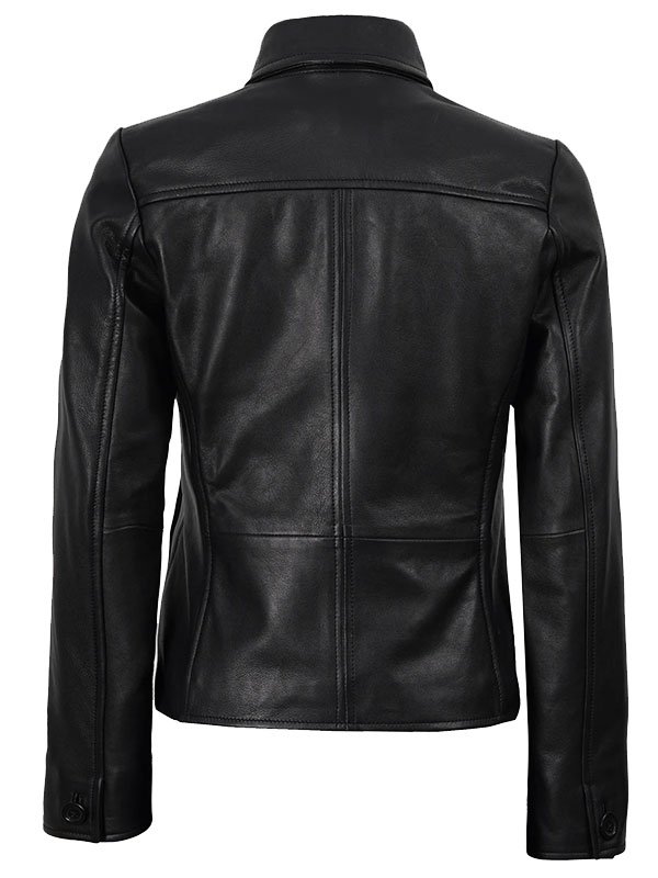 Women's Black Leather Blazer Jacket - Image 2