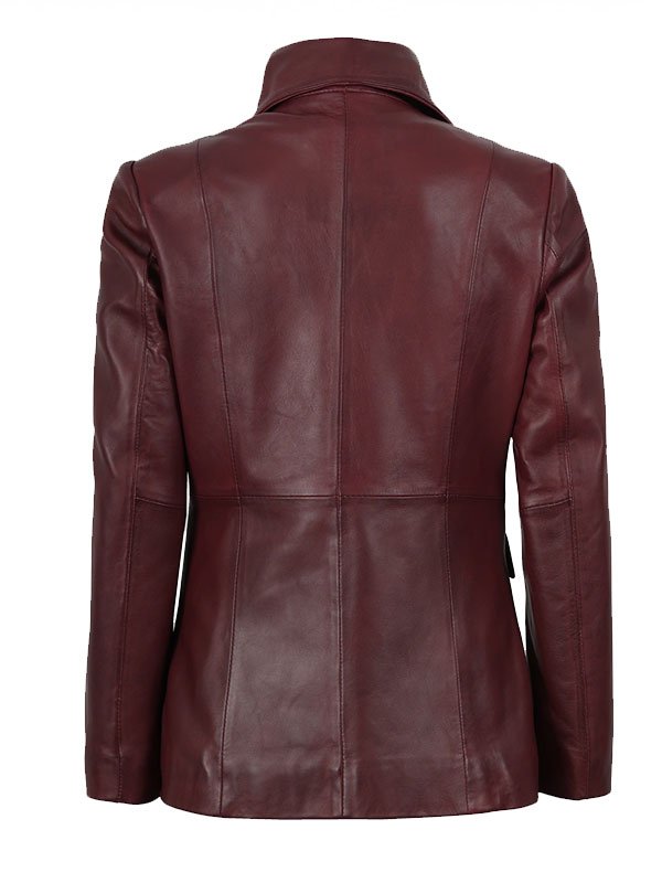 Women's Burgundy Leather Blazer - Image 2