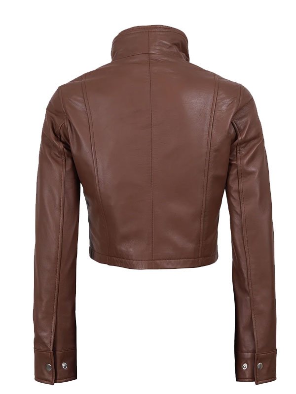 Women's Cropped Leather Jacket with Contrast Collar - Image 2