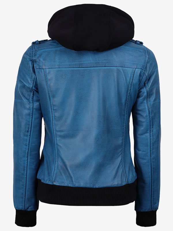 Women's Blue Leather Jacket with Removable Hood - Image 2