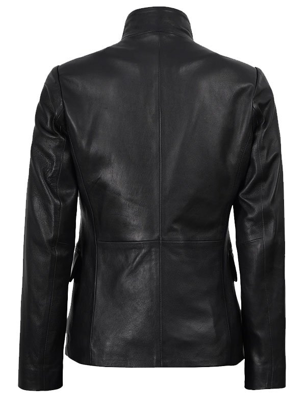 Women's Black Leather Single Button Blazer - Image 2