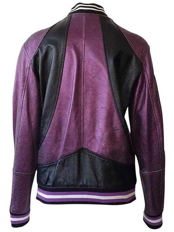Women Purple Perforated Leather Bomber Jacket - Image 2
