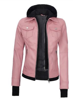 Women's Pink Leather Hooded Jacket