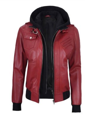 Women's Red Leather Hooded Bomber Jacket