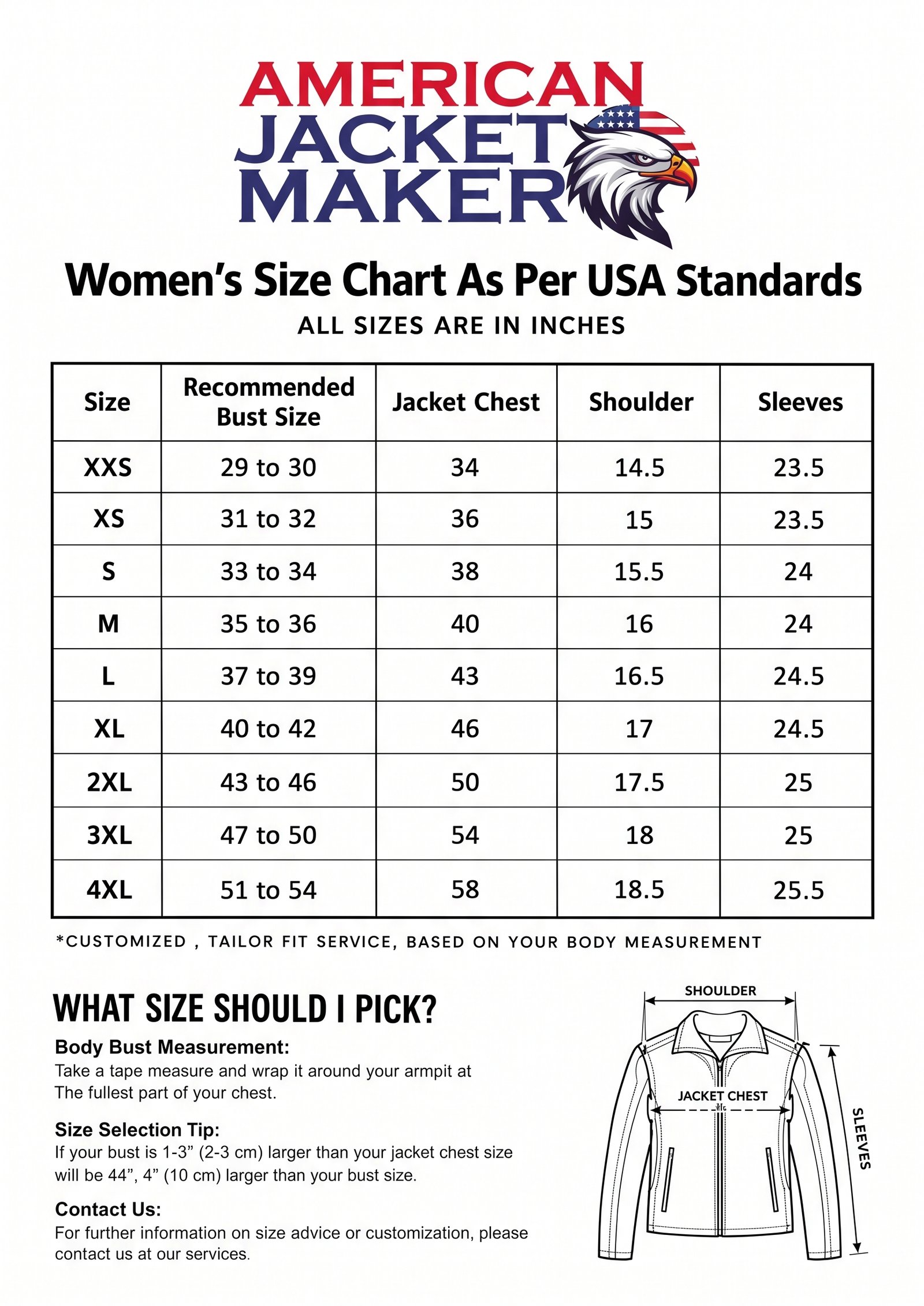 American Jacket Maker women size chart — USA sizes XXS to 4XL, measurements in inches